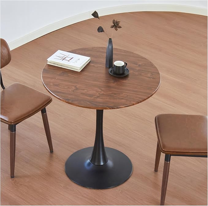 Round Dining Table, 24" Circle Tulip Table with Thickened Tabletop & Metal Pedestal, Mid Century Modern Bistro Table for Kitchen, Small Places, Living Room, Cafe (Brown)