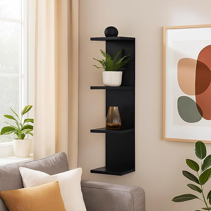 4 Tier Wall Shelf Unit,Vertical Column Floating Storage Home Decor Organizer,Black Lack Wall Shelf for Bedroom,Living Room,Office Decor(2 Pack)