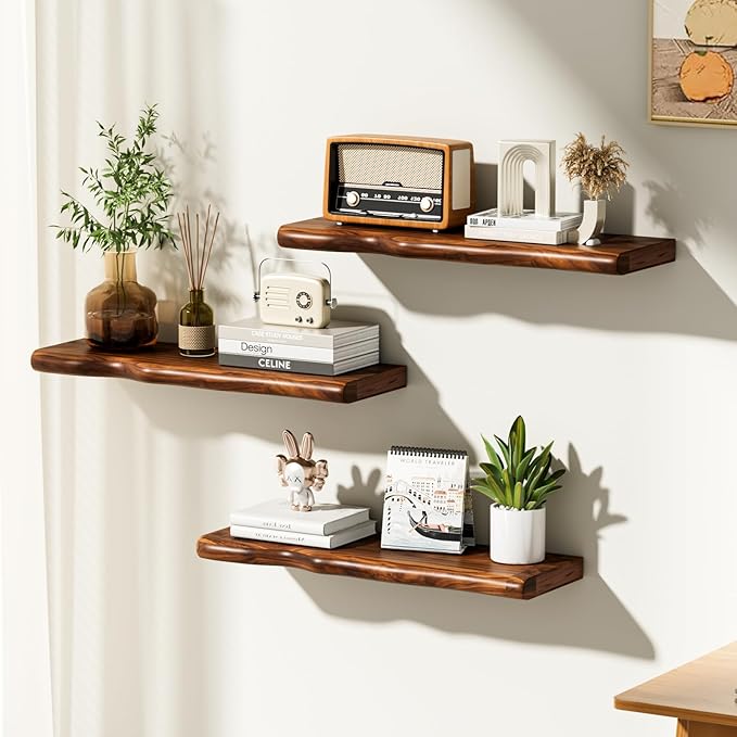 Floating Shelves for Wall Rustic Farmhouse 24 Inch Floating Shelf Bathroom Wooden Shelves for Wall Mounted Live Edge Pine Wall Shelf with Unique Natural Grain for Living Room Bedroom Kitchen (Walnut)