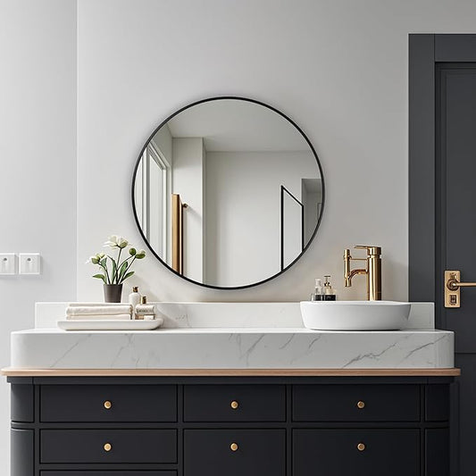 Round Mirror, Wall Mounted Circle Mirror with Brushed Metal Frame, Circular Mirrors for for Bathroom, Living Room, Vanity, Bedroom, Entryway, 24inch, Black