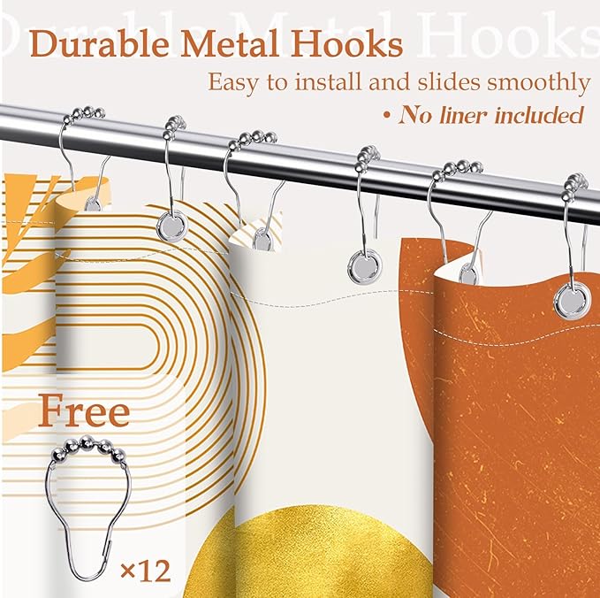Orange and Gold Shower Curtain Burnt Orange White Shower Curtains for Bathroom Decor Boho Mid Century Bath Curtain Set, Waterproof Fabric with Hooks 70 x 72 Inch