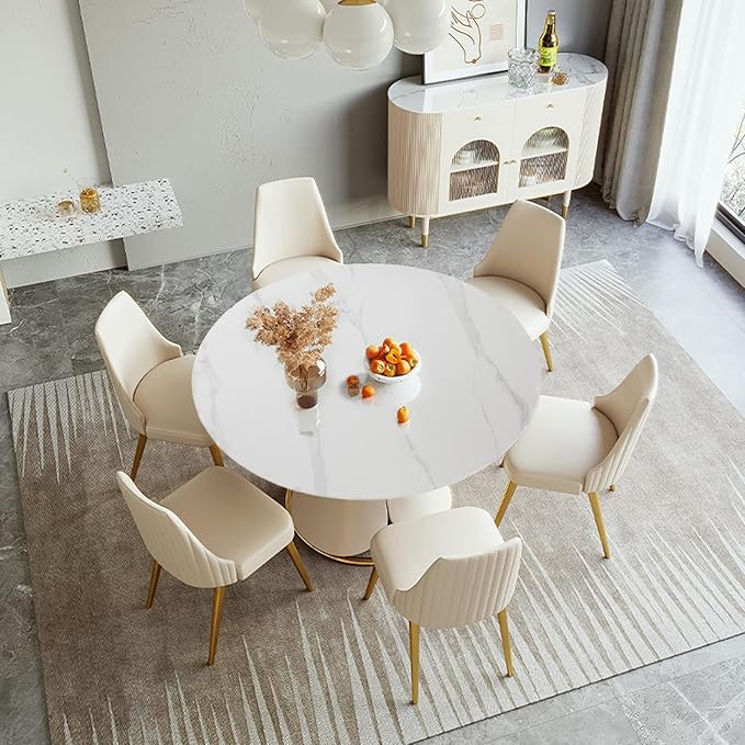 59'' Round Marble Dining Table Set with 6 Chairs for 6-8, Kitchen Table, Dining Room Table Set Petal Pu Leather & Metal Base
