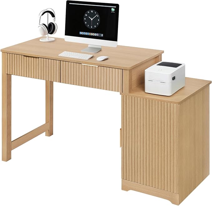 ZYBT 40" Fluted Executive Desk, Modern Wood Home Office Desk with Fluted Drawer & Removable Storage Cabinet and Printer Stand, Farmhouse Computer Writing Table for Work Study, Natural Oak