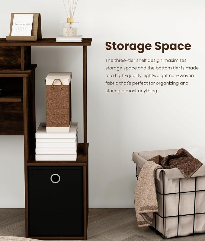 Small Computer Desk with Drawers, Wood Writing Desk with Storage Shelves for Home Office Bedroom Living Room, Walnut/Black