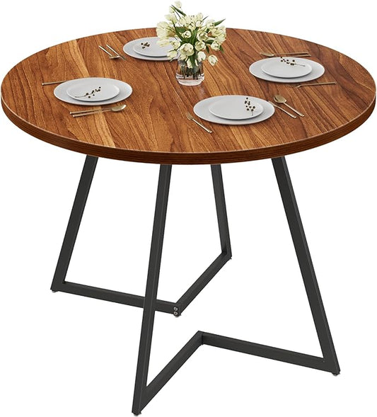 VECELO 35" Round Dining Table for 4, Wood-Grain Tabletop & Heavy-Duty Steel Frame, for Kitchen, Living Room, Easy Assembly, Walnut