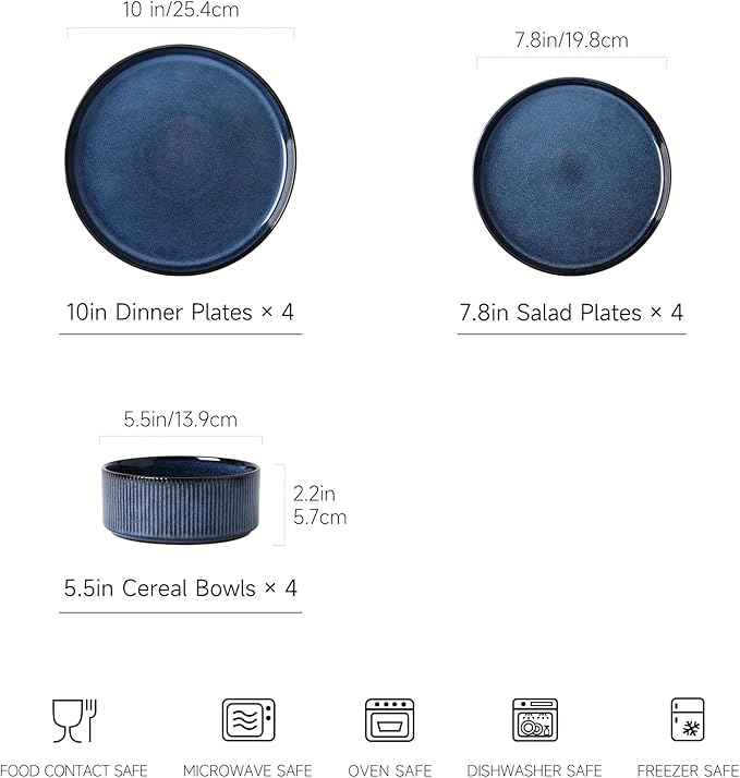MONITO Ceramic Dinnerware Sets for 4, 12PCS Stoneware Plates and Bowls Sets, Reactive Glaze Dish Set, Chip and Scratch Resistant Double, Microwave and Dishwasher Safe, Dark Blue