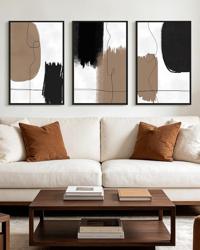 KUVIOKE Neutral Abstract Framed Wall Art Beige Mid Century Textured Wall Decor Minimalist Line Modern Illustrations Art Print Home Decor 16x24in (Black Framed)