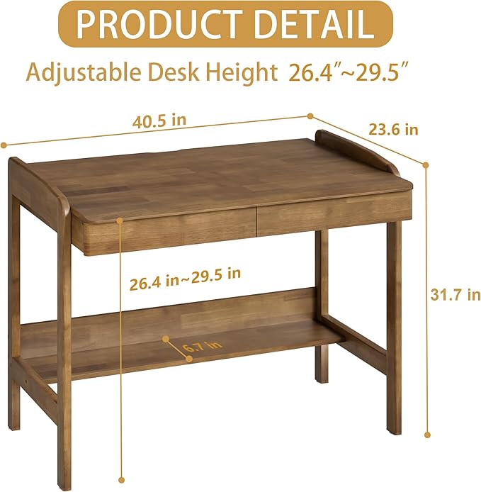 100% Solid Wood Desk with Drawers - 40 Inch Mid Century Modern Desk, Rubber Wood Vintage Desks, Manual Standing & Adjustable Height Writing Desks for Bedroom|Small Spaces - Walnut Color