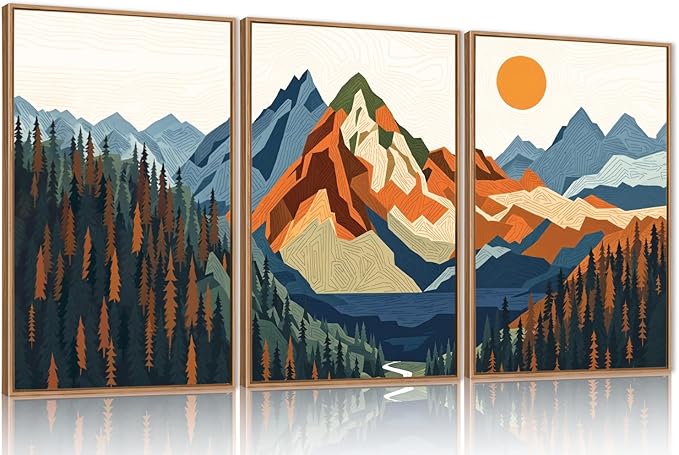 FWIEXA Vintage Mountain Framed Canvas Wall Art Set, Boho Sunrise Wall Prints, Abstract Nature Forest Artwork, Retro Lake Sunset Painting, 3 Panel 16x24 Inches Modern Rustic Decor for Living Room, Bedroom, Office