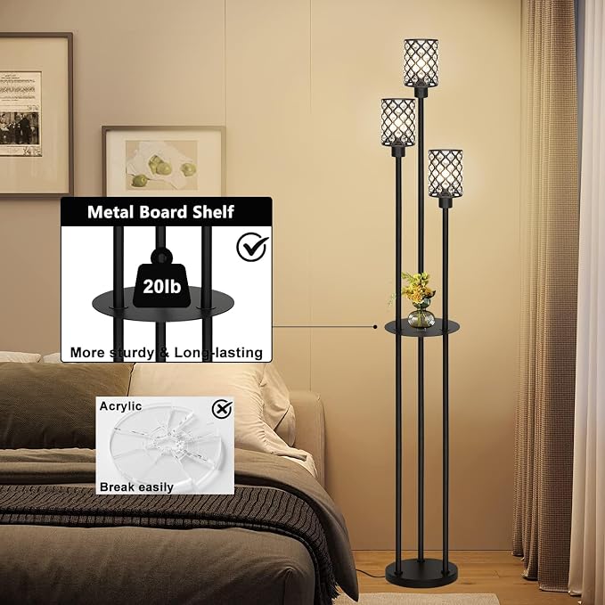 Gold Floor Lamps for Living Room, Standing Floor Lamp with shelves, Tall Lamp with Table, Modern Mid Century Floor Lamp with E26 Base, Coner Crystal Floor Light for Bedroom (Without Bulb) (Black)