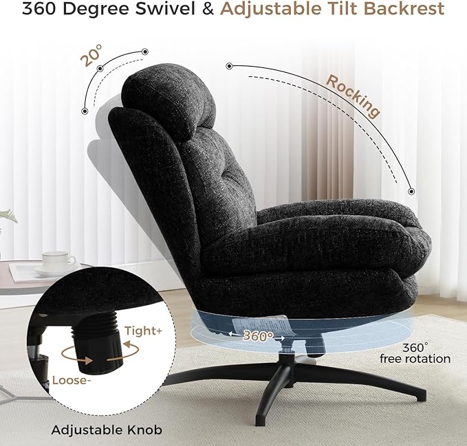 Swivel Accent Chair with Ottoman Set for Living Room, Modern Armchair with High Back, 360 Swivel, Tilt, Ergonomic, Black