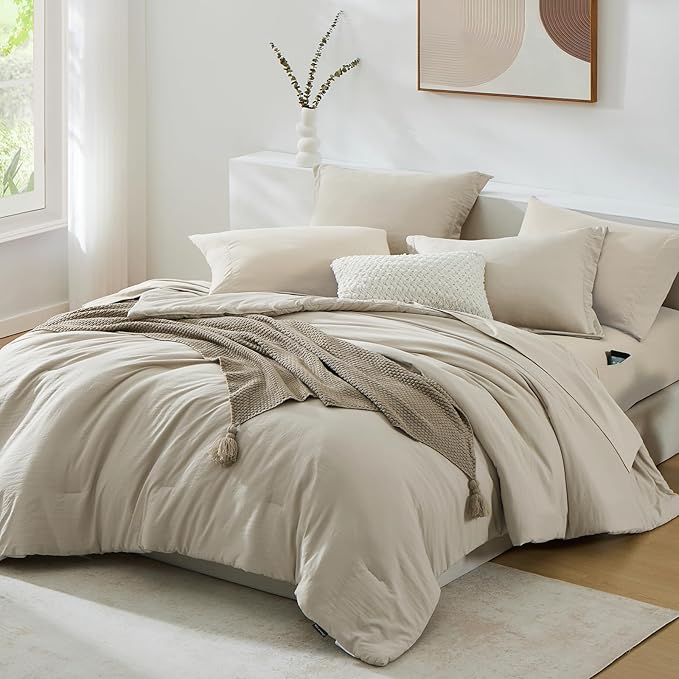 WRENSONGE Light Oatmeal Super King Comforter Set, 7 Pieces Soft Microfiber Comforters with Fitted Sheet, Flat Sheet, 2 Pillow Shams, and 2 Pillowcases- Warm Bedding Sets Super King for All Season