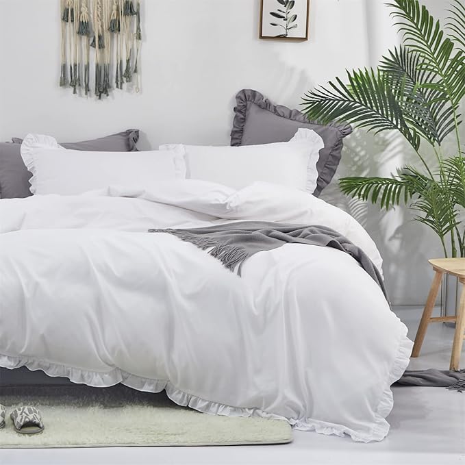Pureant White Ruffle Comforter Set Twin Boho White Lace Bedding Comforter Vintage Farmhouse Comforter Women Girls Solid White Shabby Chic Bed Quilts Plain White Lightweight Fluffy Ruffled Fringe Bed