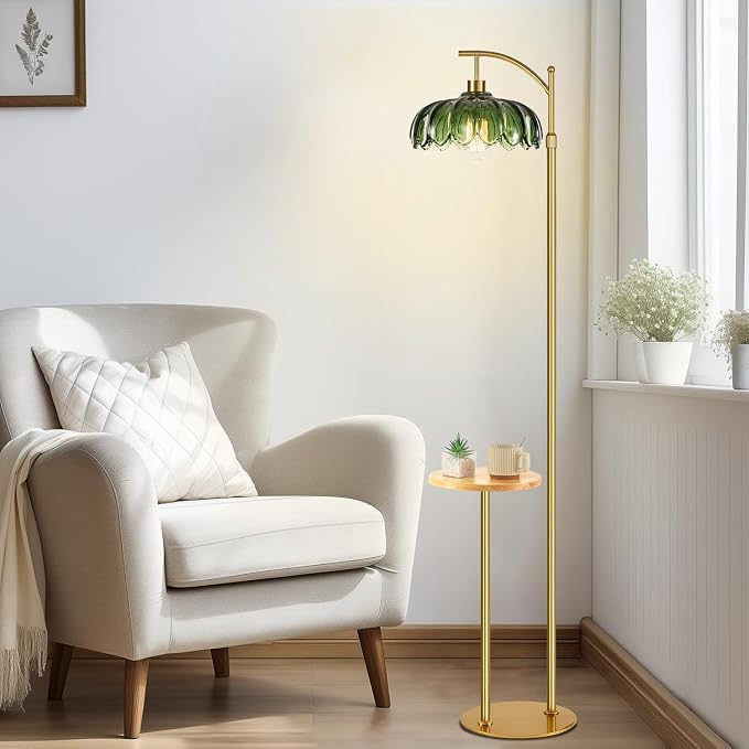QIYIZM Gold Floor Lamp with Table and Shelves for Living Room Bedroom,Glass Standing Lamp with Remote Dimmable,Boho Brass Tall Lamp Vintage Farmhouse Arc Flower Floor Light Bohemian