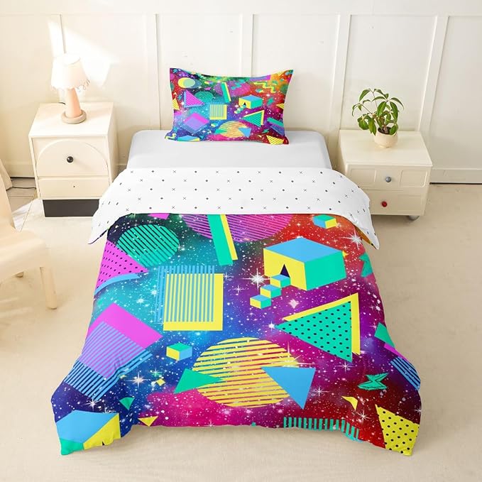 80s 90S Fashion Style Bedding Set Twin Size,Retro Memphis Style Pattern with Geometrical Shapes Duvet Cover for Kids Child,Funky Hipster Old Fashioned Comforter Cover Geometric Bedroom Decor