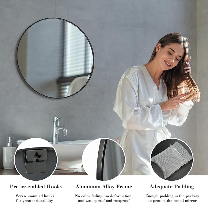 Sweetcrispy 20 Inch Round Wall Mirror with Tempered Glass, Bathroom Mirror Over Sink, Anti-Fog & Waterproof Round Mirrors for Bathroom, Entryway, Bedroom, Shatterproof Design, Black