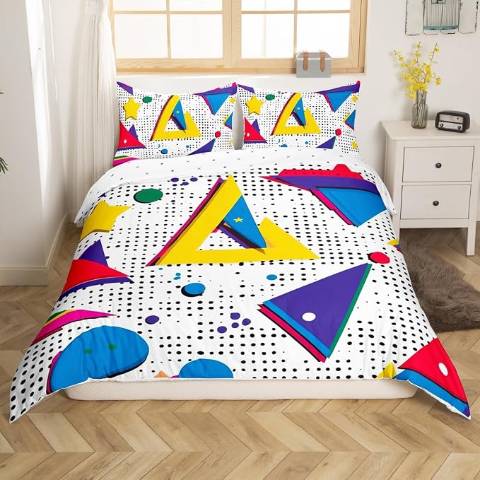 Memphis Style Duvet Cover Full Abstract Colorful Design with Dots Funky Bedding Set for Kids Child Girls Vintage Eighties Comforter Cover Memphis Fashion Bed Sets 80'S Style Retro 1980s Home Decor