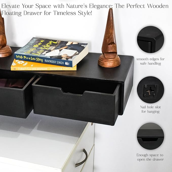 Wooden Desk Organizer with 2 Drawers – Handcrafted Solid Wood Storage Box for Office, Home & Study – Rustic Desktop Organizer for Files, Accessories & Stationery (STYLE 2, FULLY BLACK)