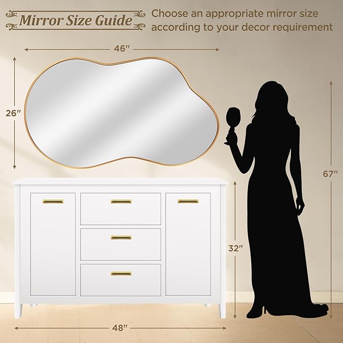 Bathroom Mirror - Gold Irregular Wall Mirrors Decorative 26"x46" Asymmetrical Tempered Glass Aviation Aluminum Alloy Frame for Vanity, Bedroom, Living Room, Cloakroom, Entryway