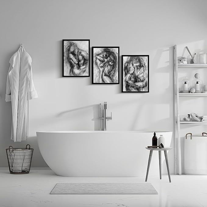 3Pcs Framed Black and White Canvas Wall Art Abstract Nude Prints Couple Modern Gallery Style Painting Pen sketch Posters Decorations Bedroom Living Room Bathroom 12x16 Inch Ready to Hang