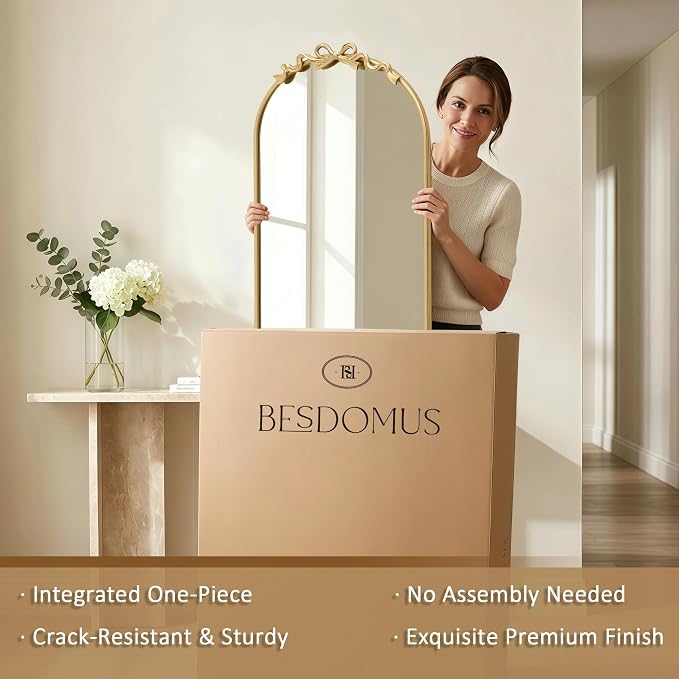 Besdomus Arched Mirror Full Length: 21"x56" Bow Gold Arch Floor Mirror - Antique Baroque Traditional Ornate Standing Mirror for Entryway/Cloakroom/Bedroom - Home Decor for Fashion-Conscious