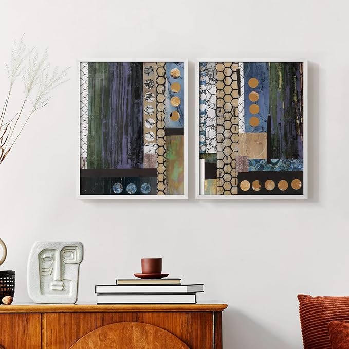Renditions Gallery Set of 2 Peel & Stick Framed Prints, Geometric Abstract Wall Art, Hexagonal and Circular Pattern Wall Decor, Re-Stickable - Ready to Hang - 11"x14" - White Frame LT588