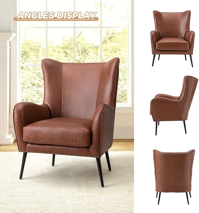 HULALA HOME Faux Leather Accent Chair with Removable Cushion, Comfy Upholstered Armchair with Black Metal Legs & Nailhead Trim Wingback Vanity Chair for Reading Living Room Bedroom, Brown