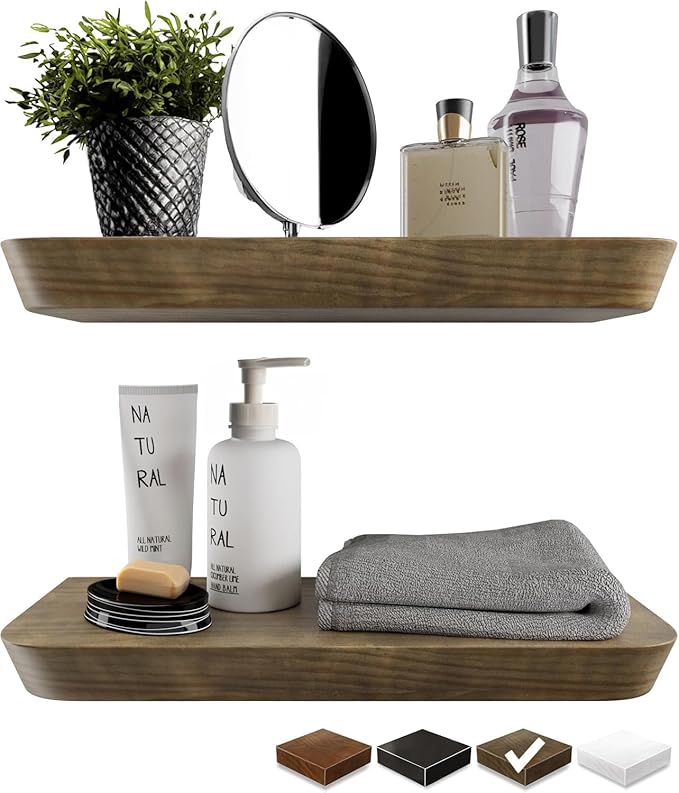 Wood Floating Shelves for Wall 16 Inch (Set of 2) - Floating Bathroom Shelves for Room Wall- Small Wall Mounted Shelf for Bedroom Kitchen Living Room - 8 inch deep, American Walnut, Matte