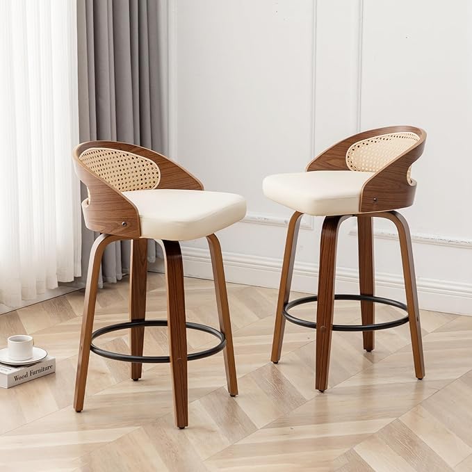 30" Swivel Rattan Bar Stools Set of 2,Mid-Century Modern Faux Leather Upholstered Bar Height Stools,Kitchen Island Barstool with Rattan Low Backrest,Walnut Wood Finish Bar Chairs,Beige PU