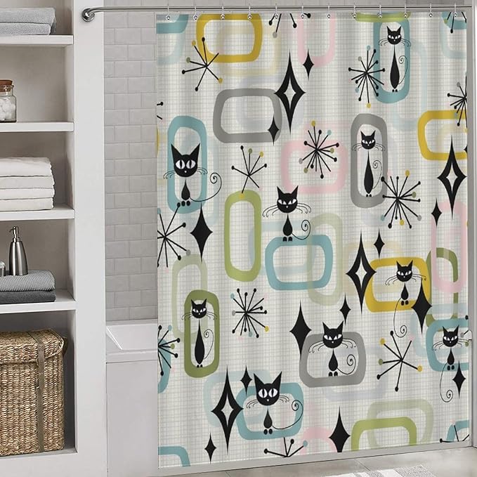 Mid Century Shower Curtain Retro 60s Geometric Aesthetic Black Cat Pattern Duty Fabric Shower Curtains Set Bathroom Polyester Waterproof with 12 Hooks, 66x72Inch（168x183cm）