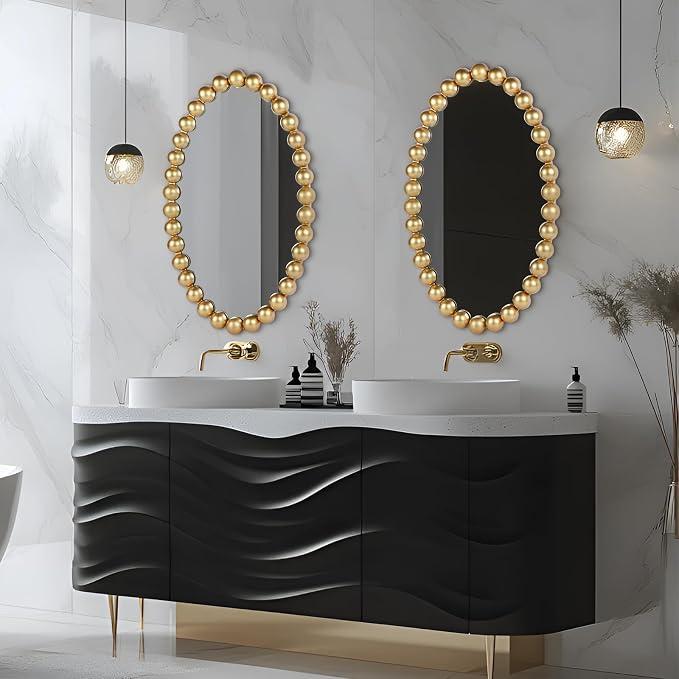 Oval Round Wall Mirror - 30 Inch Decorative Framed Bathroom/Living Room Accent Mirror with Beaded Ball Trim - Vintage Modern Style
