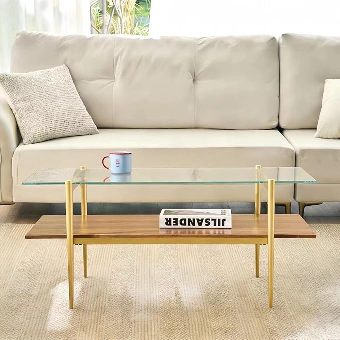 Shrine Rectangle Coffee Table, Mid-Century Modern Design, 2-Tier Structure, Clear Glass Top and Walnut MDF Shelf, 41" D x 21" W x 17" H, Sleek Conical Metal Legs with Gold Finish