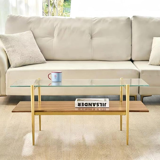 Shrine Rectangle Coffee Table, Mid-Century Modern Design, 2-Tier Structure, Clear Glass Top and Walnut MDF Shelf, 41" D x 21" W x 17" H, Sleek Conical Metal Legs with Gold Finish