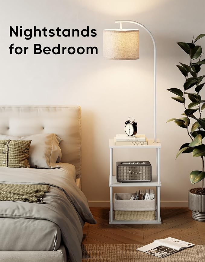 PARTPHONER Floor Lamp with Table, Night Stand with Lamp, Narrow Side Table with 3CCT LED Bulb, Small Coffee Table, Modern End Table with Storage Shelves for Living Room Bedroom Home Décor, White