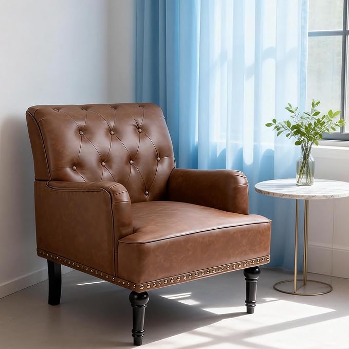 MOJAY Faux Leather Accent Chair, Mid-Century Armchair Living Room Sofa Chair with Rubber Wood Leg, Club Chair with Rivet Trim for Bedroom Reading Room Reception (Brown)