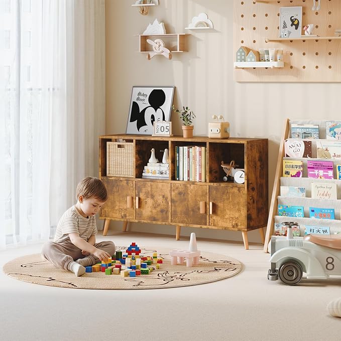 8-Cube Storage Organizer with Doors & 5 Solid Wood Legs, Mid-Century Modern Bookshelf with Seamless Top, Horizontal Cubby Toy Storage for Kids, Sideboard Media Console fits 11" Bins, Rustic Brown