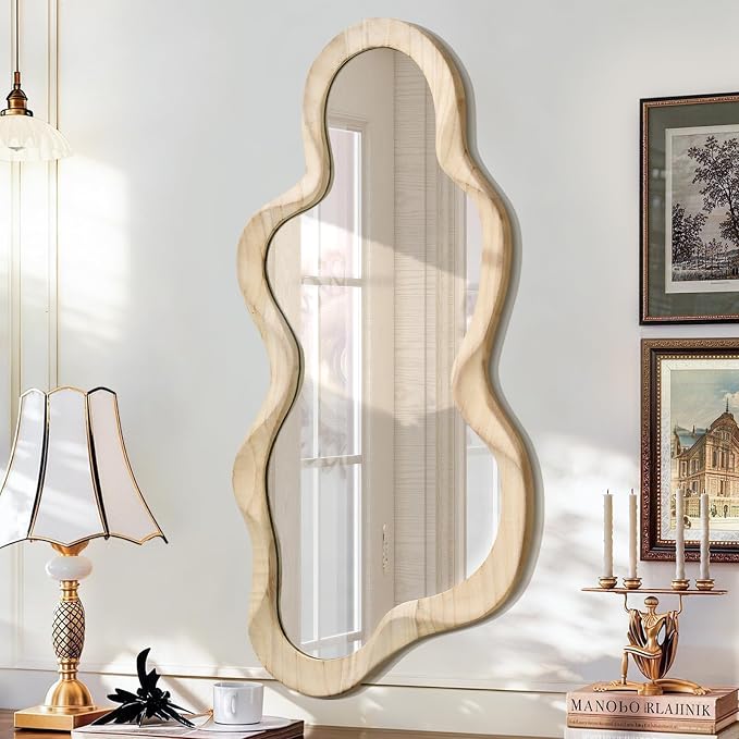 Large Asymmetrical Mirror Irregular Modern Cloud Wall Mirror Wood Frame Unique Shape Artistic Wall Mounted Vanity Mirror Decorative for Living Room Bedroom Bathroom Entryway Hallway