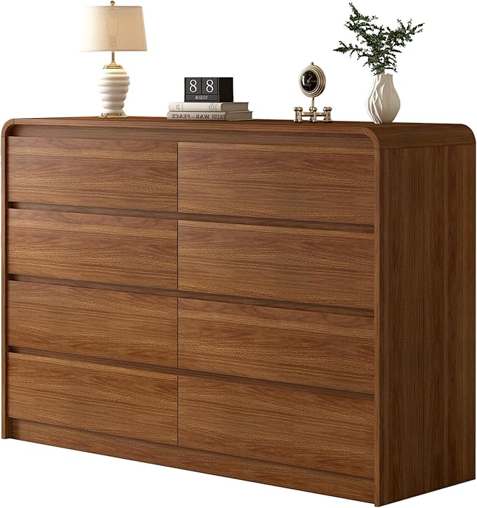Modern 8-Drawer Dresser 55-Inch Wide, Curved Anti-Collision Design, Mid-Century Storage Cabinet with Pre-Embedded Slots, Sturdy Reusable, Ideal for Bedroom/Living Room/TV (Brown, 8-55.1)