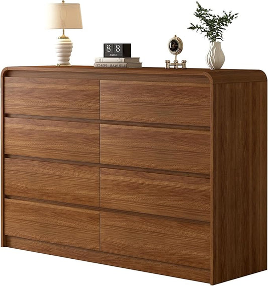 Modern 8-Drawer Dresser 55-Inch Wide, Curved Anti-Collision Design, Mid-Century Storage Cabinet with Pre-Embedded Slots, Sturdy Reusable, Ideal for Bedroom/Living Room/TV (Brown, 8-55.1)