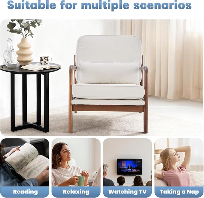 DUMOS Accent Chairs Set of 2,Mid Century Modern Chair with Arms and Waist Cushion, Reading Chairs for Adults, Lounge Chair for Living Room and Bedroom, Solid Wooden Frame, Cream