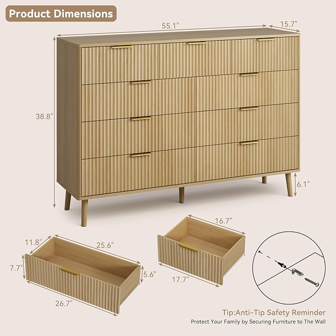 CARPETNAL Fluted Dresser and Nightstand Sets for Bedroom, 3 Pcs Bedroom Set, 9-Drawer Dresser & 2-Drawer Nightstand Set of 2, Modern Wood Chest of Drawers for Living Room, Entryway, Oak