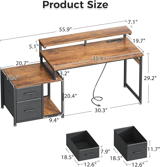 AODK Computer Desk with Printer Storage Shelf, 56 Inch Office Desk with Drawers & Power Outlet, Reversible Desk Space-Saving Workstation with Individual PC Stand, Rustic Brown