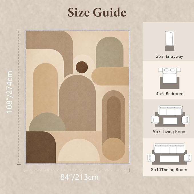 Neutral Geometric Area Rug 7x9, Mid Century Modern Abstract Rug, Soft Taupe Beige Color Block Washable Low Pile Non Slip Rug for Living Room Bedroom
