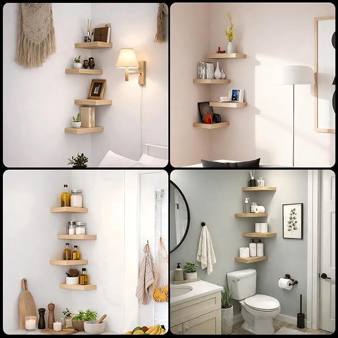 Bathroom Floating Shelves for Wall, Oak Small 11.8" Floating Shelf for Storage, Display and Warm Farmhouse Rustic Home Decor, Over Toilet Organization for Bedroom, Living Room, 4-Pack