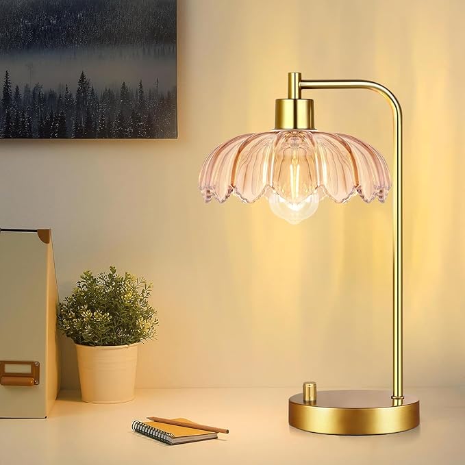 Glass Table Lamp Set of 2,Small Gold Bedside Lamps Dimmable Boho Bedroom Lamp with Tulip Flower Amber Lamp Shade,Vintage Mid Century Modern Mini Nightstand Lamp for Bedroom Living Room