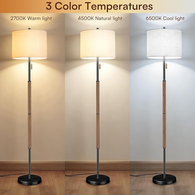62" Mid Century Modern Floor Lamp, Black-Brown Standing Lamp with 3-Color Temperature & Pull Chain, Weighted Anti-Tip Base for Safety, Floor Lamps for Living Room Bedroom Corner (6500K Bulb Included)