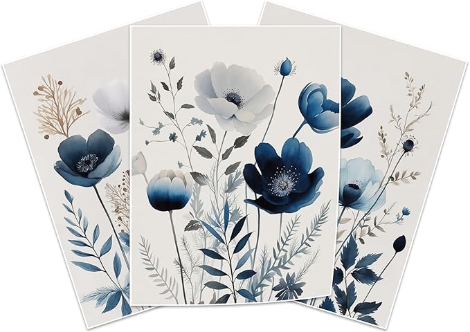 BingruiArt Navy Blue Wall Art Canvas Abstract Floral Painting Blue and Gray Posters Watercolor Flower Decor Wildflower Pictures Botanical Prints for Living Room Bedroom Bathroom 3 Pcs 16x24in Unframed