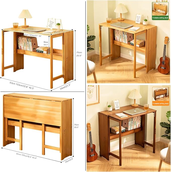 Solid Wood Folding Desk,Mid Century Modern Desk,Foldable Writing Computer Desk for Home Office,Study Desk with Storage Shelf for Small Spaces(83cm/32.6", Walnut)