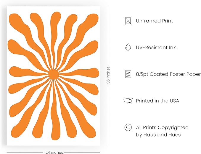 HAUS AND HUES Orange Wall Art – Trippy Abstract Sun Poster, Colorful Hippie Print, Aesthetic Room Decor for Bedroom (Unframed 24x36)