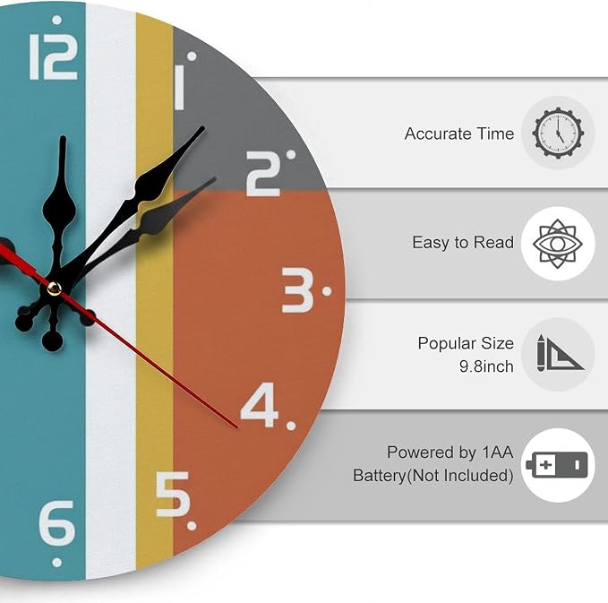 Abstract Color Block Wooden Wall Clock Silent Non Ticking Quartz Movement | 10" 12" Frameless Battery Powered Home Office Kitchen Decor Gift